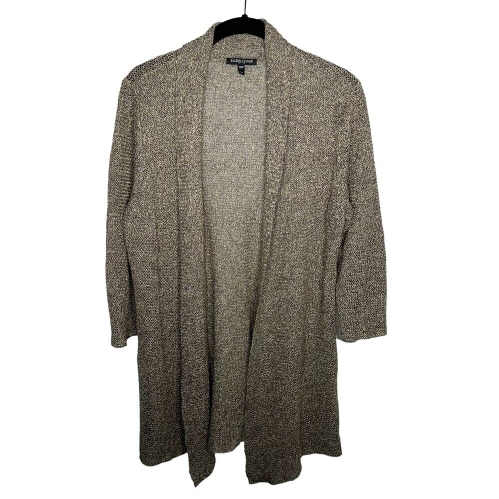 EILEEN FISHER / tan brown linen open knit cardigan sweater / M petite